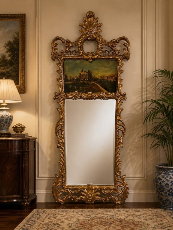 ORNATE GOLD ROCOCO STYLE WALL MIRROR 71": This elegant decorative wall mirror features an ornate gold-tone Rococo style frame with dramatic scrolling acanthus leaf details, openwork flourishes, floral accents, and a highly decorative crest. T