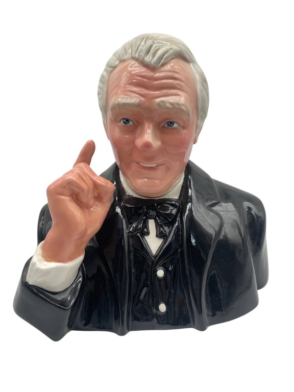 DR. JEKYLL AND MR. HYDE CERAMIC COOKIE JAR: Vintage glazed ceramic figural cookie jar featuring a dramatic double-sided gentleman bust design, with one side depicting a formal tuxedoed gentleman and the reverse showing a green-faced alter ego, 