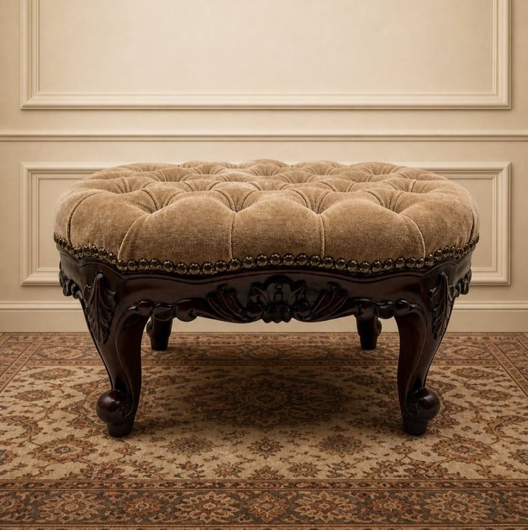 TUFTED UPHOLSTERED OTTOMAN WITH WOOD BASE 12": Tufted upholstered ottoman with fabric top and a carved wood base. Features button accents and detailed woodwork on the legs and apron. Mesaures approximately: 18" W x 10" H | | Shipping Available at 
