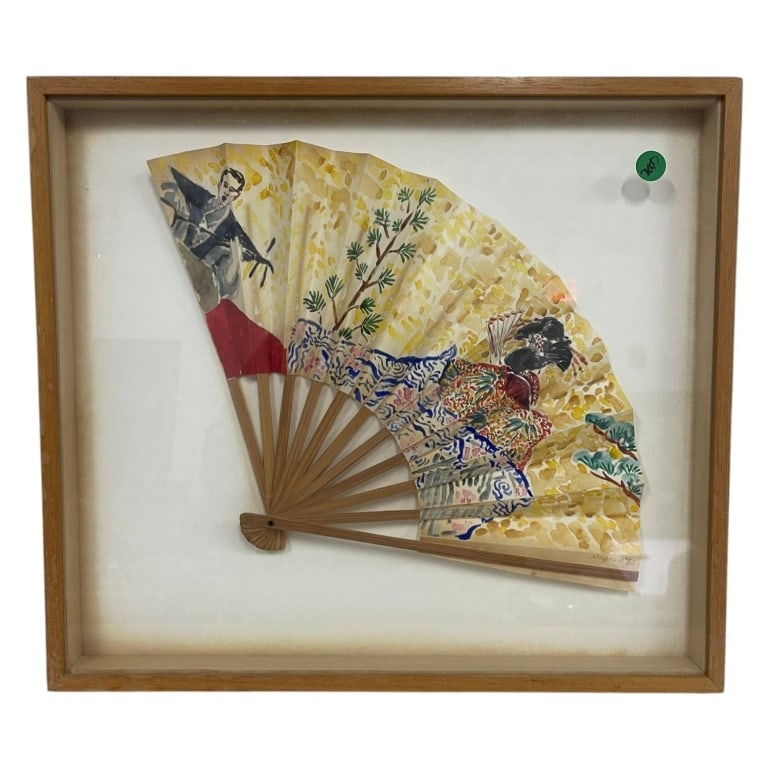 FRAMED HAND-PAINTED FOLDING FAN ARTWORK 17" (1 of 5)