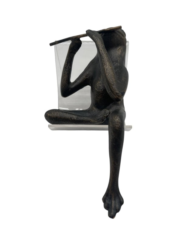 BRONZE-LOOK FROG FIGURINE FLUTE PLAYER 7" (1 of 5)