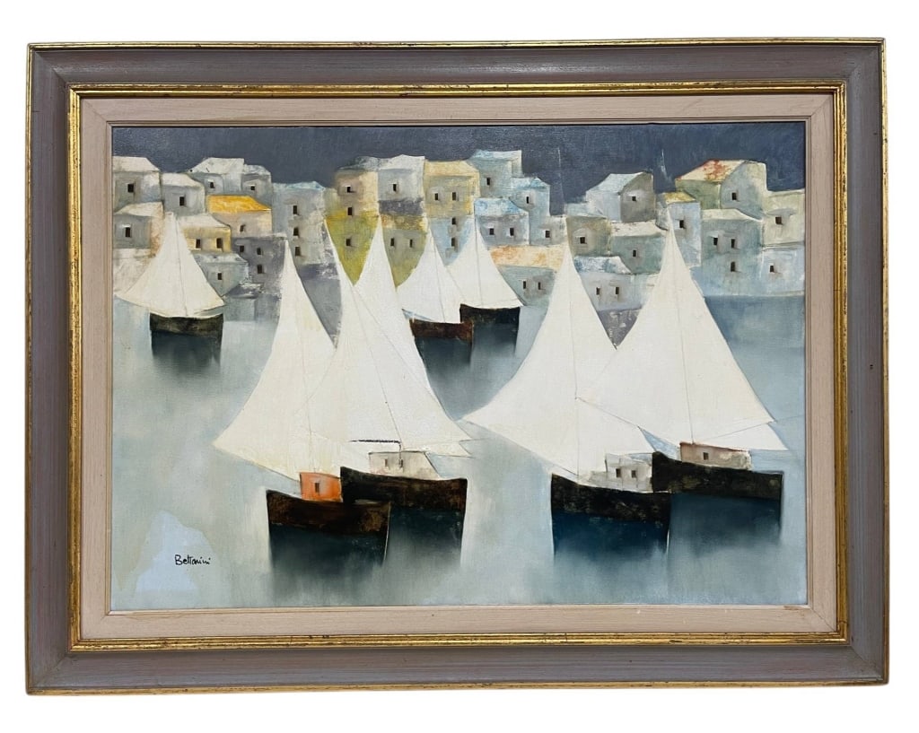 MODERNIST HARBOR SAILBOAT PAINTING ON CANVAS AS-IS (1 of 9)