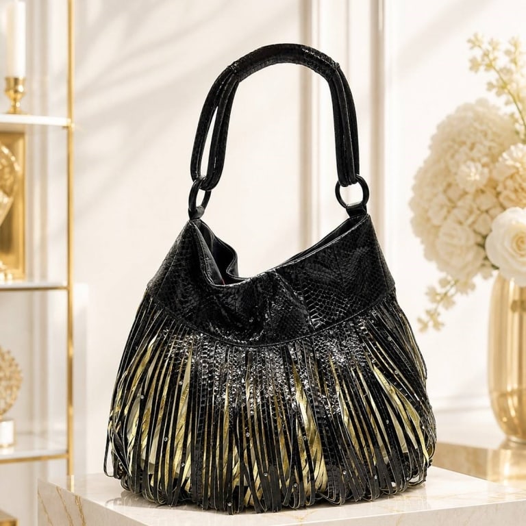 KATHERINE KWEI NEW YORK BLACK FRINGE LEATHER HOBO (1 of 15)