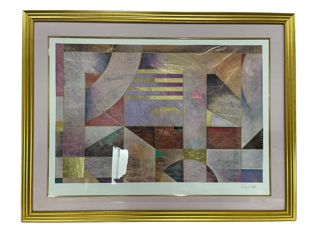 RICHARD HALL SIGNED ABSTRACT PRINT 43": Framed signed abstract geometric artwork by Richard Hall, featuring a layered composition of pastel mauve, lavender, rose, teal, bronze, and metallic gold tones. The piece has a strong 1980s/1990s con