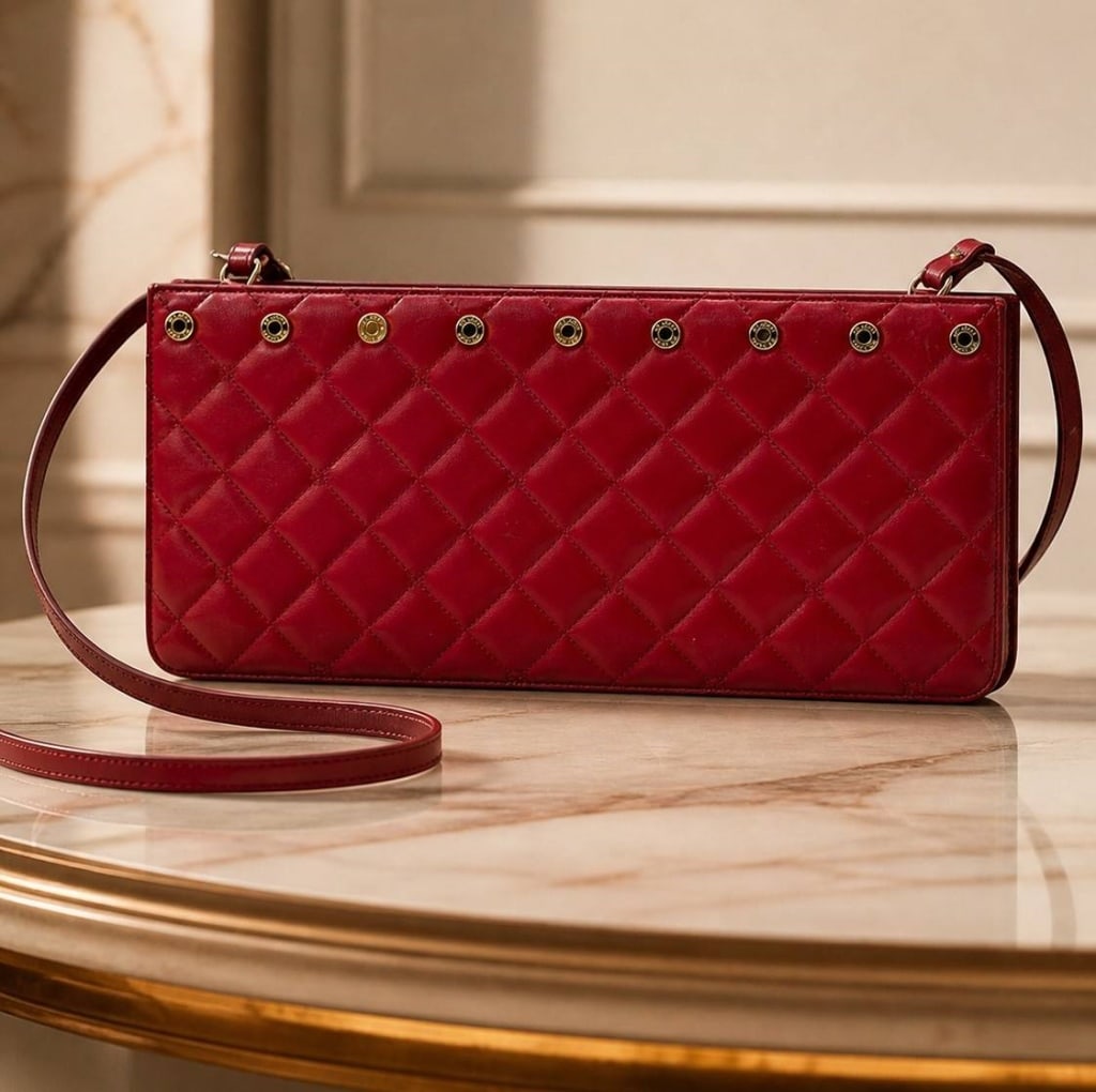 ST. JOHN RED QUILTED LEATHER SHOULDER BAG MADE IN: St. John red quilted leather shoulder bag, made in Italy, featuring a long rectangular silhouette with padded diamond quilting, gold-tone circular hardware accents, slim shoulder strap, top zipper clo