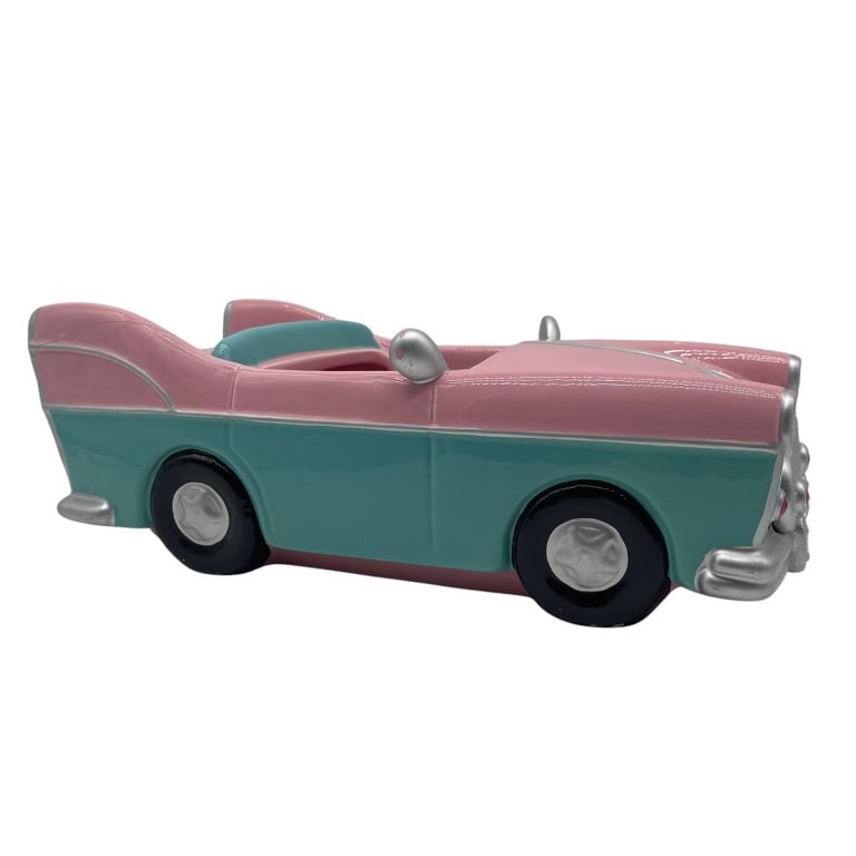 MAXINE CERAMIC CAR COOKIE JAR: Charming Maxine ceramic cookie jar shaped like a vintage convertible. Features pink and teal finish, humorous details, signed by artist. Measures approximately: 15" W | | Shipping Available at | www.D