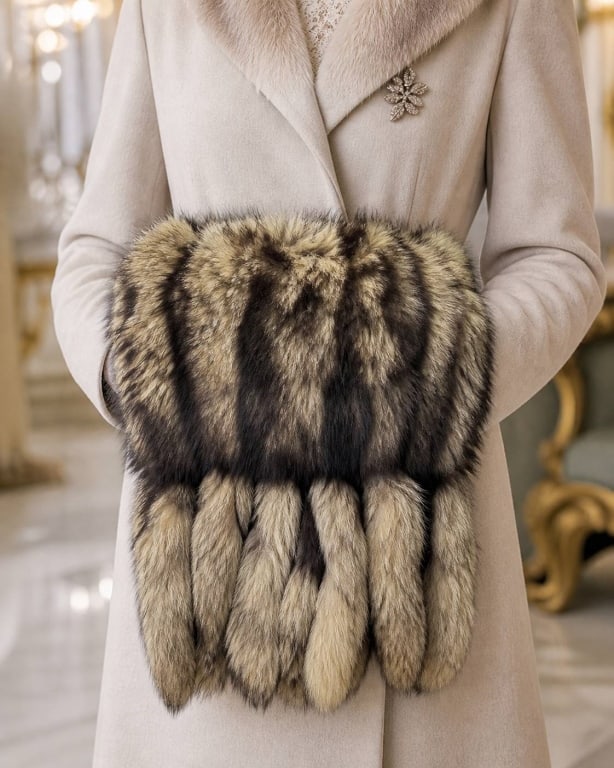 VINTAGE FUR MUFF HAND WARMER 17": Vintage fur muff hand warmer featuring a variegated brown, cream, tan, and black fur exterior with dramatic natural-looking tail accents along the lower section. This piece is designed as a cold-weath