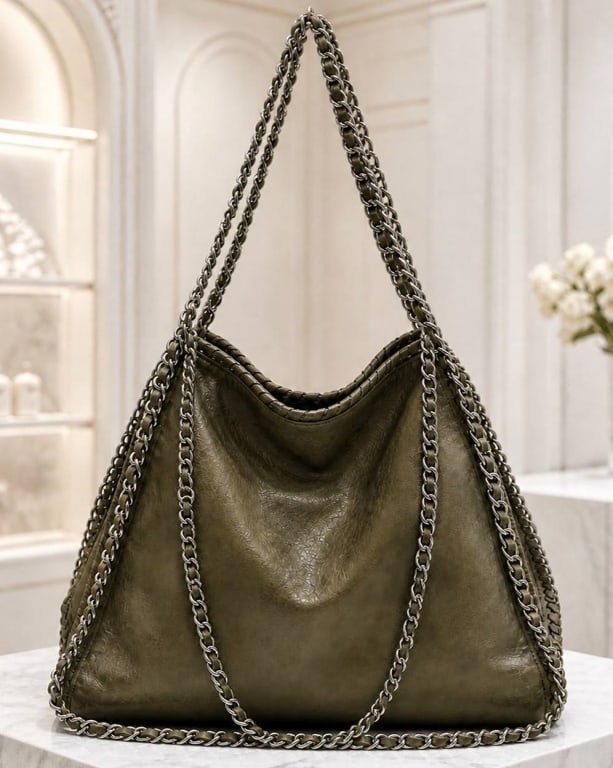 IMOSHION OLIVE GREEN CHAIN SHOULDER BAG 21": Stylish Imoshion olive green faux-leather shoulder bag featuring a soft slouchy body, textured crinkled finish, silver-tone chain shoulder straps woven with matching green material, braided edge detai