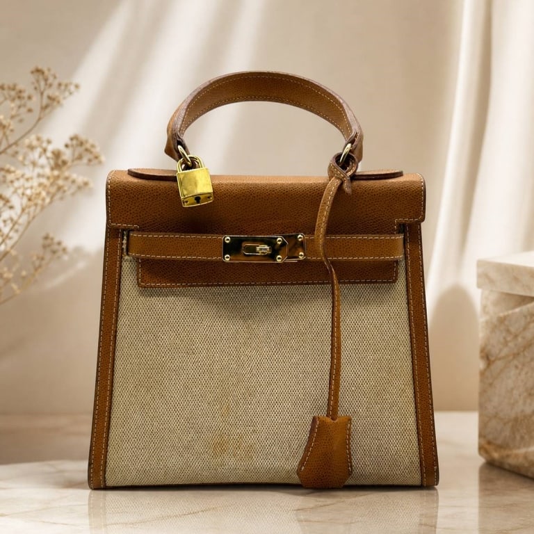 VINTAGE KELLY-STYLE CANVAS AND LEATHER HANDBAG WIT: Classic structured handbag featuring a beige woven canvas body with cognac brown pebbled leather trim, top handle, flap closure, gold-tone turn-lock hardware, decorative hanging padlock, clochette-sty