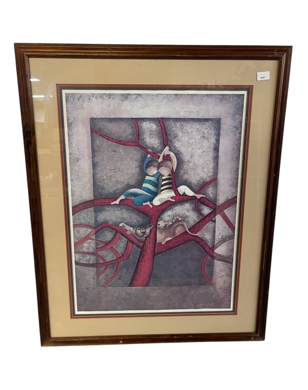 FRAMED WHIMSICAL CHILDREN & CATS PRINT 32": Framed print depicting two children on red tree branches with animals below. The piece features a wooden frame and is approximately 32 inches by 24 inches including matting and frame. | | By bidding o