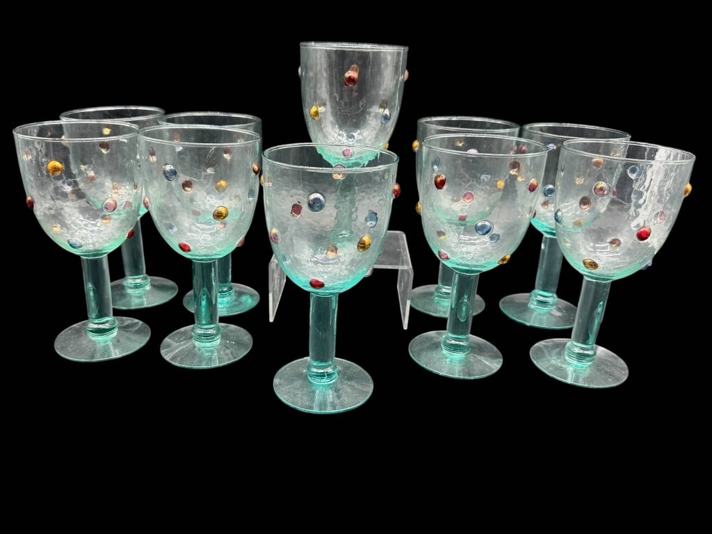9 COLORED STUD GLASS GOBLETS (1 of 4)