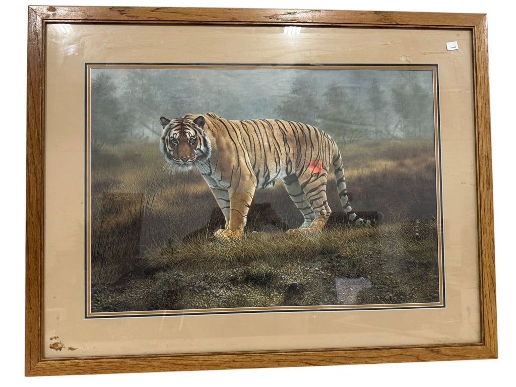 CHARLES FRACE SIGNED TIGER PRINT FRAMED: Charles Frace signed, numbered print featuring a tiger in a natural landscape. Framed and matted under glass in a wooden frame. Frame measures approximately 34 inches wide by 26 inches tall. | | -Ship