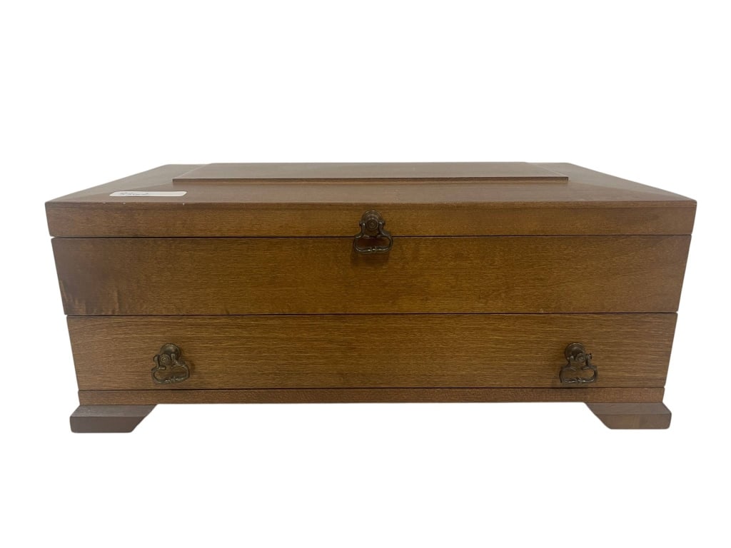 WOODEN JEWELRY CHEST WITH BLUE LINING 15" (1 of 3)