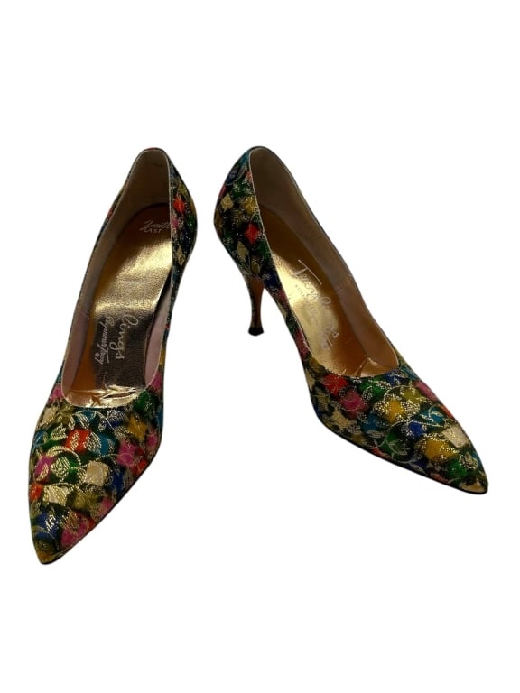ZENITH LAST THINGS BY SEYMOUR TROY MULTICOLOR BROC: Zenith Last Things by Seymour Troy women’s pointed toe heels featuring a colorful metallic brocade-style textile upper with multicolor floral and geometric patterning, slim kitten-style heels, gold-
