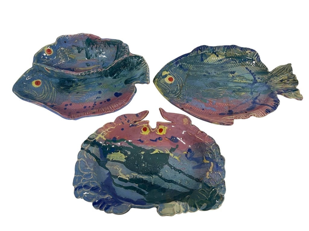 CERAMIC FISH AND CRAB SERVING PLATTERS SET 13" (1 of 5)