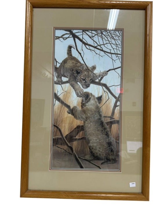 LION CUBS LIMITED EDITION PRINT BY SKIRKA: Limited edition print titled 'Lion Cubs' by Skirka, numbered 898/1500, showing two lion cubs on tree branches. Framed with a mat and wooden frame. Approximate frame size: 32 x 19 inches. | -Shipping