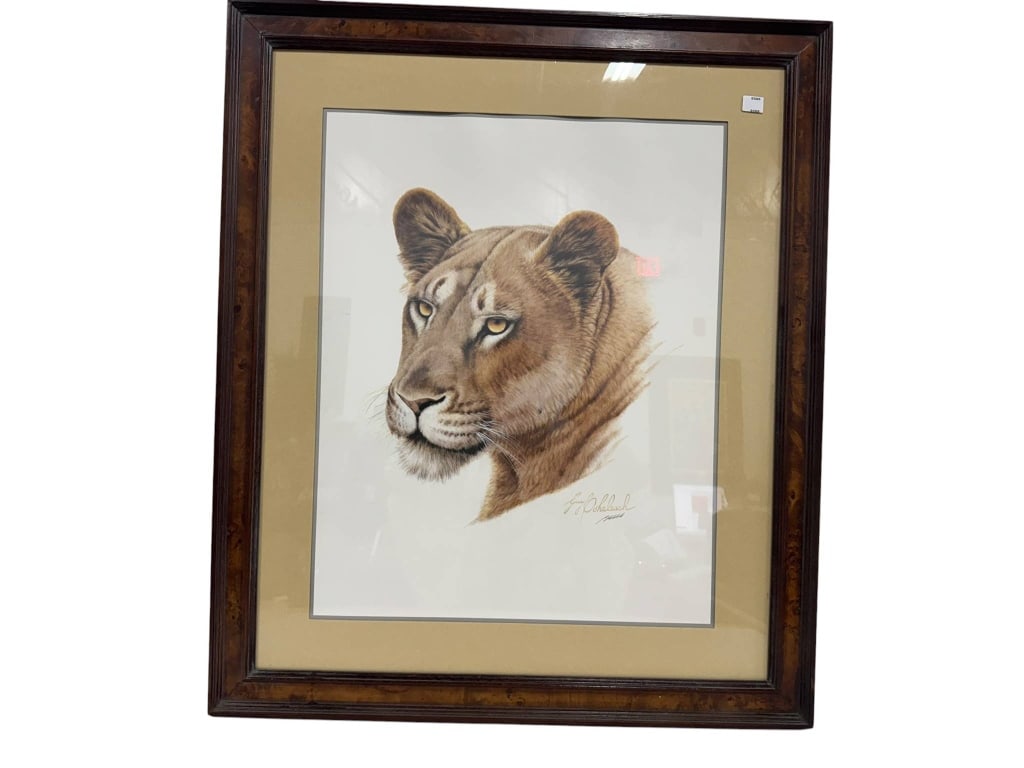 GUY COHELEACH FRAMED LION ART PRINT: Guy Coheleach signed art print depicting a lion's head, framed under glass with tan matting. The overall frame size measures approximately 28 inches by 32 inches. Shipping Available at