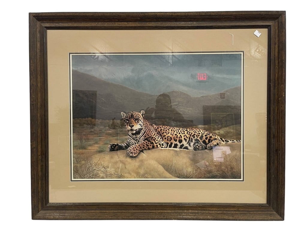 CHARLES FRACÉ LEOPARD FRAMED PRINT 1547/3950: Framed print by Charles Fracé, depicting a leopard in a landscape. Hand signed and numbered 1547/3950. Wood frame with double matting. Measures approximately 36 inches wide by 29 inches tall. | | -Sh