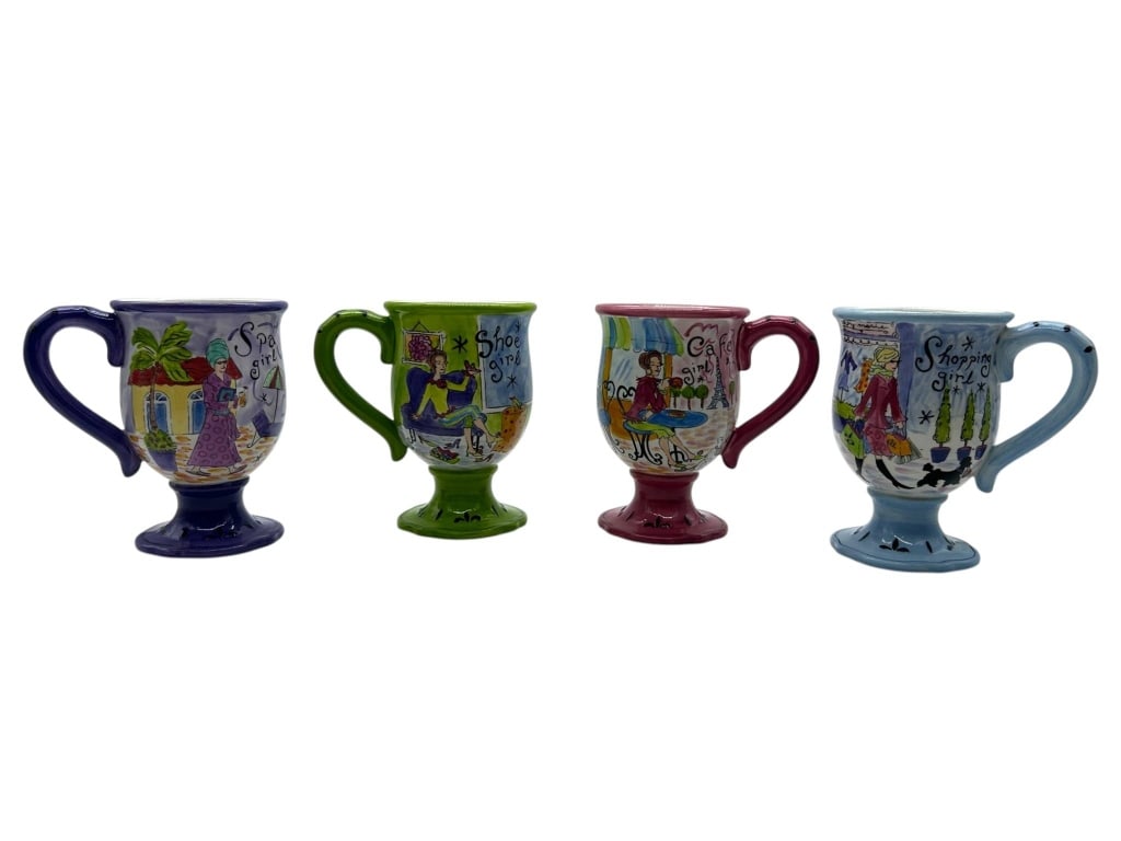 4 SET JENNIFER BRINLEY HAND-PAINTED GIRL THEMED MU: Charming set of four hand-painted ceramic pedestal mugs designed by Jennifer Brinley, each featuring a whimsical illustrated “girl” theme including Spa Girl, Shoe Girl, Cafe Girl, and
