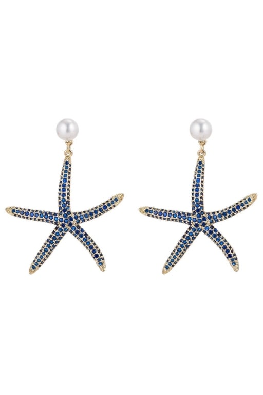 EYE CANDY CZ STARFISH EARRINGS BRASS: New Eye Candy CZ starfish earrings made of brass, featuring glass pearl studs and CZ crystals with push-back closure. Approximately 2 inches in length. Shipping Available at www.DeJaVuAuctionShipping.