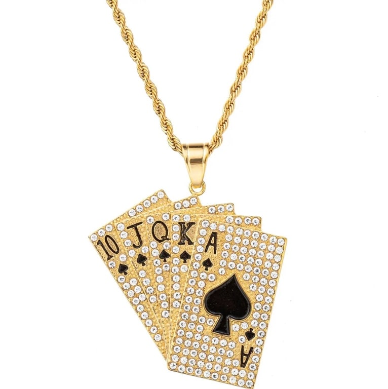 NEW EYE CANDY CZ ROYAL FLUSH NECKLACE: Gold tone titanium necklace featuring CZ crystals with a royal flush cards pendant. Length is approximately 14 inches plus a 2-inch extender. Lobster clasp. Shipping Available at www.DeJaVuAuctionShip