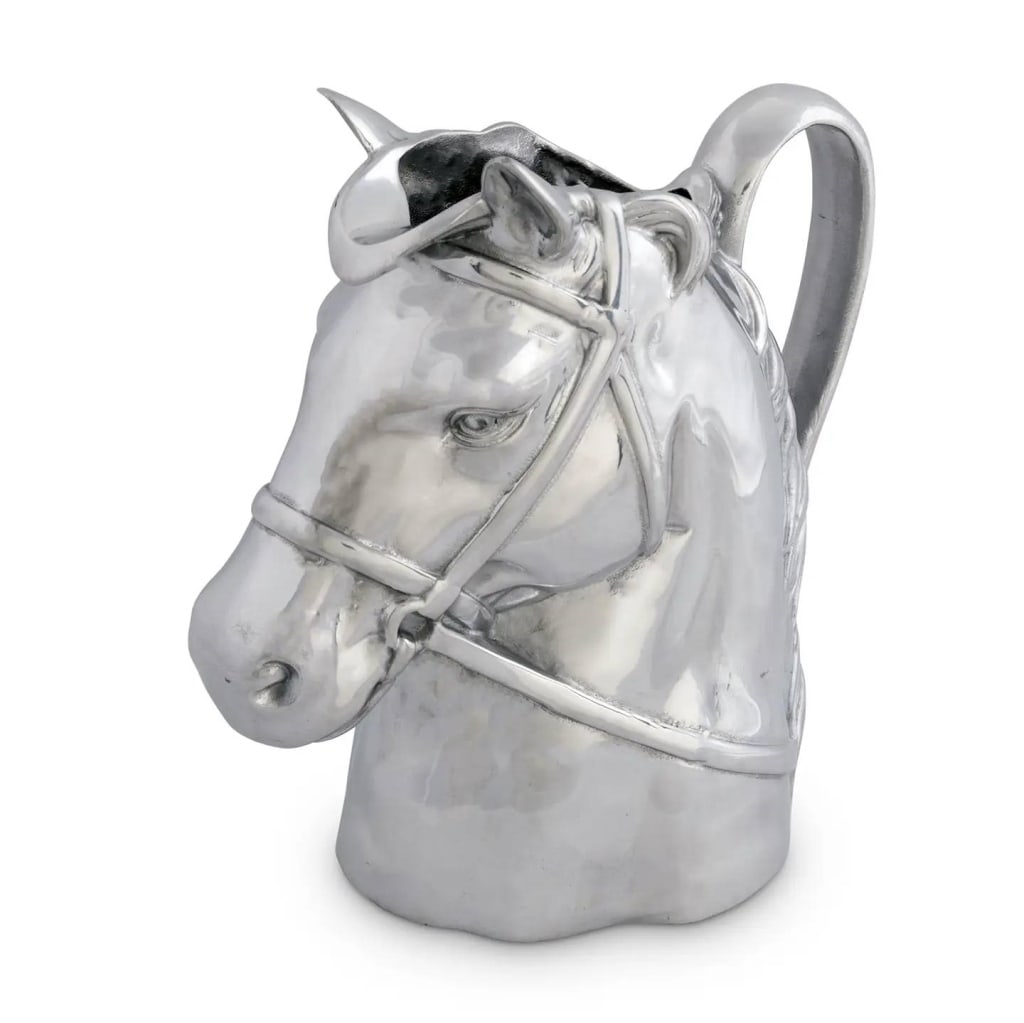 NEW ARTHUR COURT THOROUGHBRED PITCHER: Revolve your entire Equestrian Collection around this best-selling Thoroughbred Pitcher from Arthur Court. Handcrafted in lustrous aluminum, this horse features a bridle that stretches up the muzzle a
