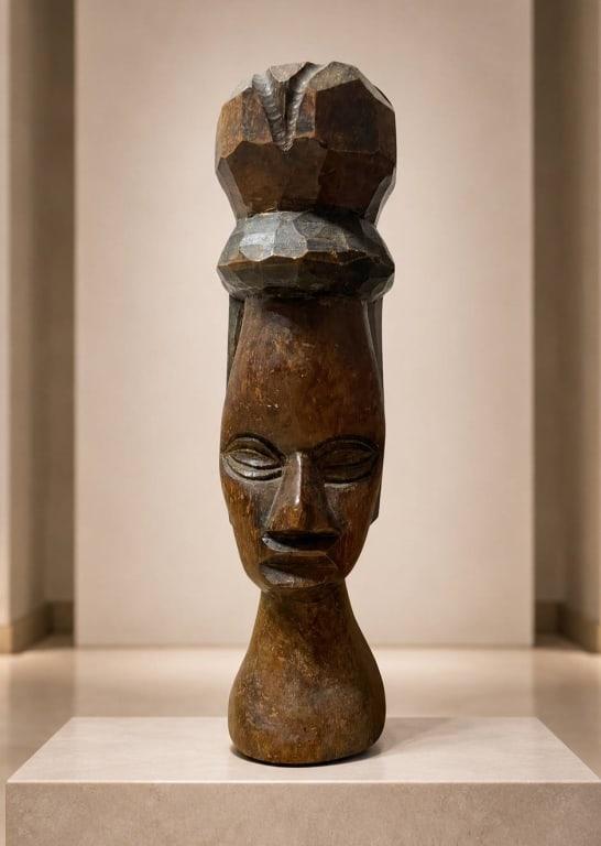 VINTAGE HAND CARVED WOODEN TRIBAL STYLE HEAD SCULP: Vintage hand carved wooden figural head sculpture featuring a stylized elongated face, almond-shaped eyes, pronounced carved features, and a tall geometric headdress or crown form. The piece has a rus