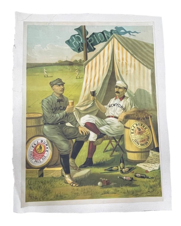 E. & J. BURKE BASEBALL BEER ADVERTISING PRINT 25": E&J Burke advertising poster featuring baseball players from Chicago and New York, each holding a drink outside a tent. Printed on fabric. Product names 'Finest Pale Ale' and 'Extra Foreign Stout' are