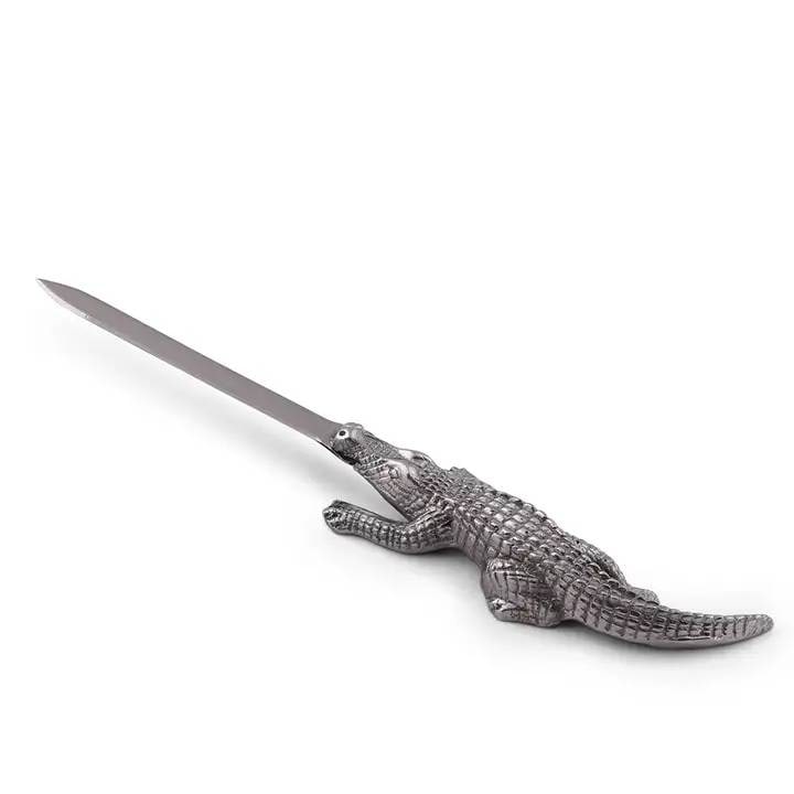 ARTHUR COURT ALLIGATOR LETTER OPENER: New Arthur Court alligator letter opener with a sand-casted aluminum handle featuring detailed scales, legs, and tail. Stainless steel blade is suitable for envelopes and packages. Shipping Available 