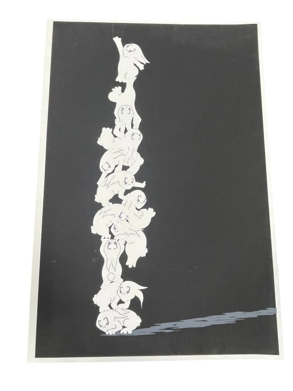 CONTEMPORARY STREET ART KAWS STYLE PRINT 35": Graphic contemporary pop/street-art style print featuring a vertical tower of whimsical white cartoon figures against a bold black background with gray shadow detail. The work has a playful urban aest