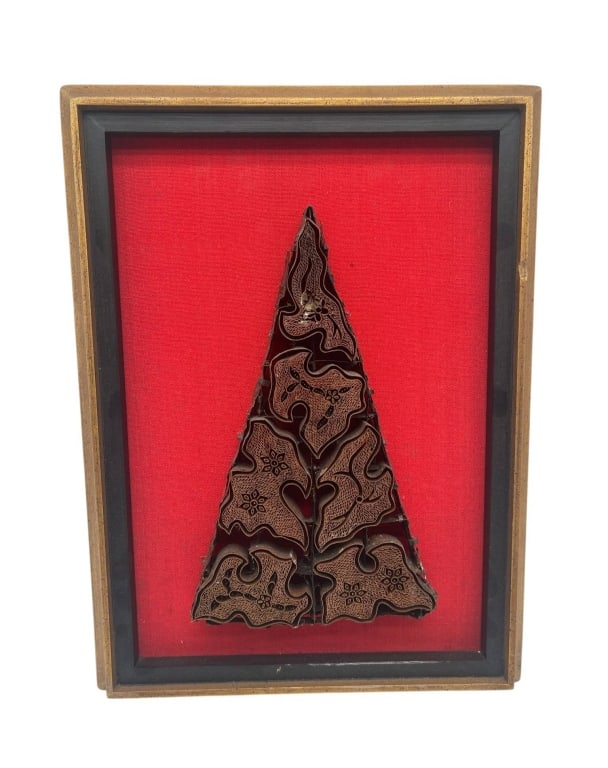 FRAMED BATIK COPPER STAMP ON RED FABRIC 15" (1 of 7)