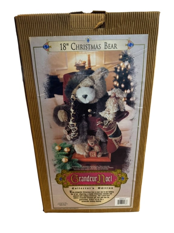 GRANDEUR NOEL 18 INCH CHRISTMAS BEAR: Grandeur Noel 18 inch Christmas Bear, collector's edition. Decorative plush bear in original packaging. Shipping Available at www.DeJaVuAuctionShipping.com. By bidding in this auction you agree that y