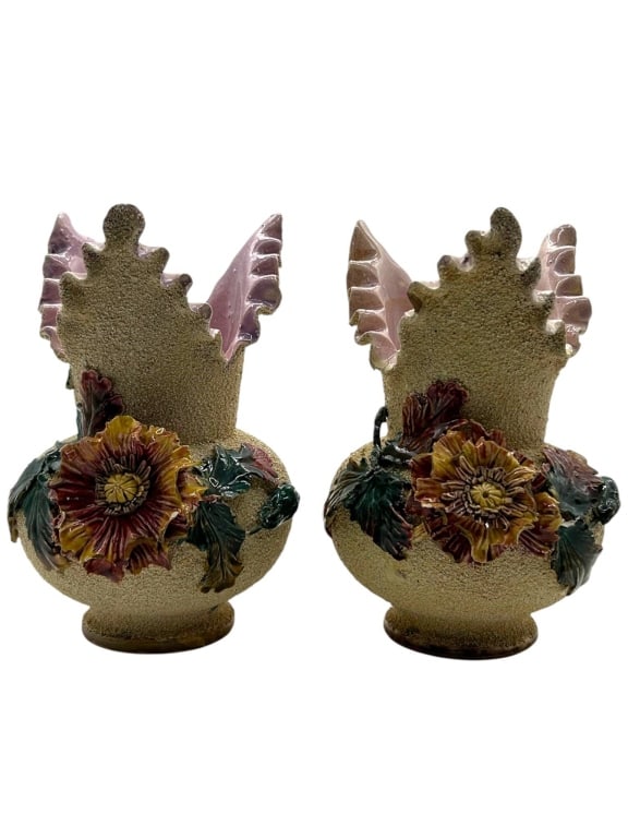 PAIR 1920S SAND MAJOLICA FLORAL VASES 8" (1 of 14)