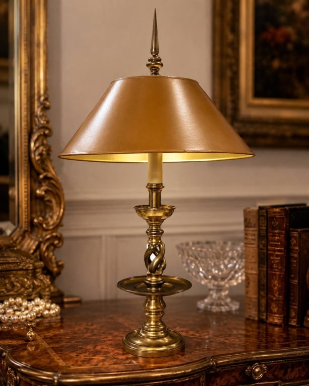 VINTAGE CHAPMAN BRASS TABLE LAMP WITH SHADE 32": Elegant vintage Chapman table lamp featuring a polished brass-tone column form with circular tiered base, decorative twist-form center, candle-style socket sleeve, tall finial, and warm golden tapered