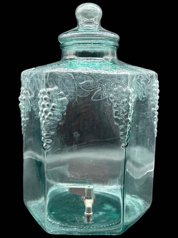 VINTAGE BLUE GREEN GLASS BEVERAGE DISPENSER 18" (1 of 9)