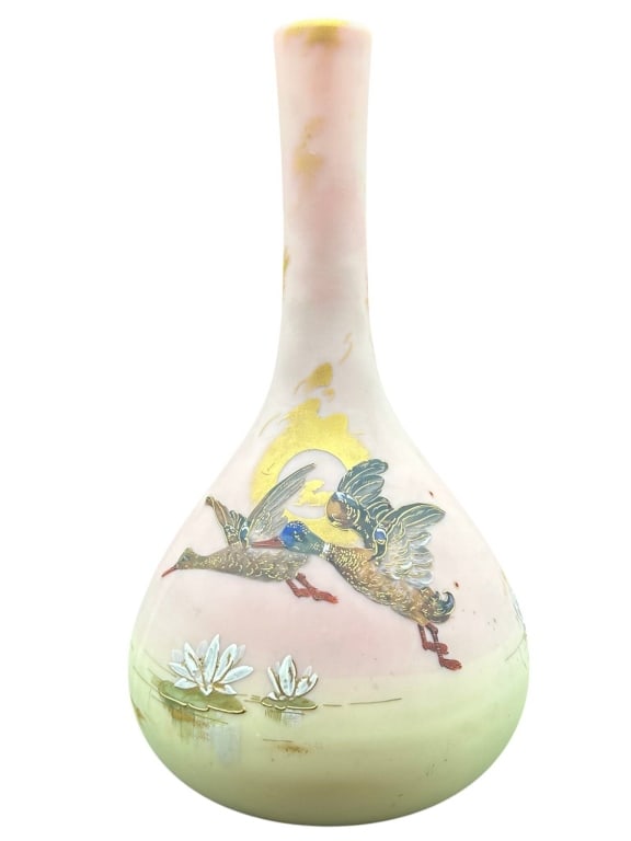 VINTAGE PINK OPALINE GLASS VASE WITH DUCKS 12": Beautiful vintage art glass vase featuring a soft pink-to-pale green opaline-style ground with hand painted flying ducks, water lilies, cattails, and delicate gilt accents. The vase has a rounded bulb