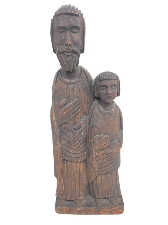 CARVED WOOD RELIGIOUS SAINT FIGURE WITH CHILD 16": Charming vintage hand-carved wooden sculpture depicting two figures. Distinct textured detailing and expressive faces. | | Measures approximately: 16" H | | Shipping Available at www.DeJaVuAuctionShip
