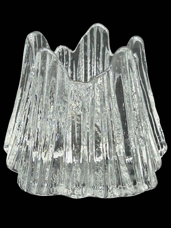 NYBRO SWEDEN CLEAR ART GLASS VASE 4": Attractive vintage Nybro Sweden clear art glass vase featuring a sculptural flared form with dramatic scalloped, wave-like rim and heavy vertical textured ribbing throughout. The pressed/molded glass 