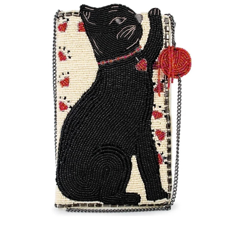 NEW MARY FRANCES HAND-BEADED CAT BAG: Charming MARY FRANCES evening bag intricately hand-beaded, featuring a black cat with playing cards and a red beaded ball detail. Includes a chain shoulder strap. Ideal for cat lovers and collectors. 