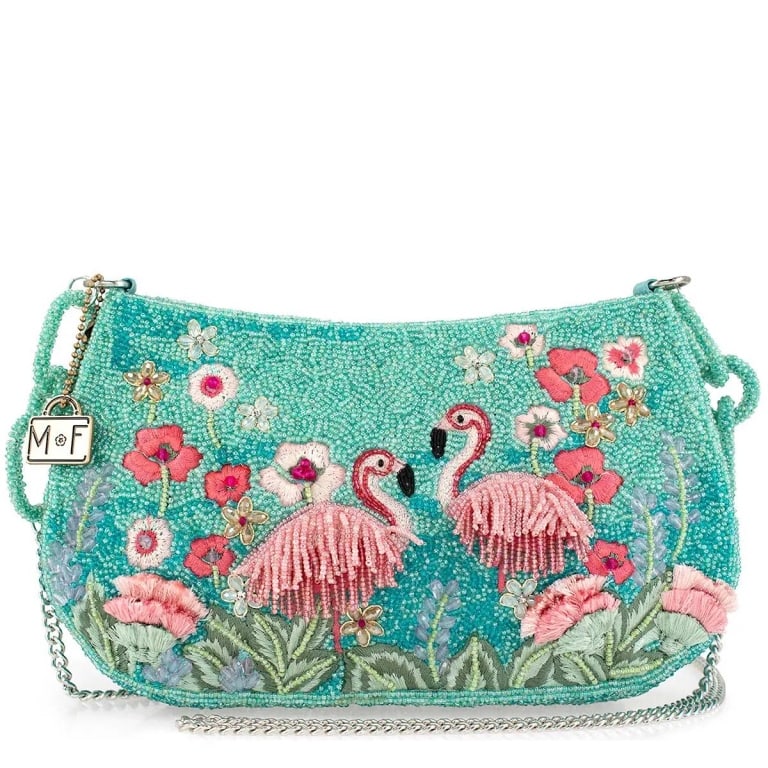 NEW MARY FRANCES FLIRTY FLAMINGO BAG: Step into a tropical paradise with this flamboyant flamingo crossbody handbag, Where shimmering turquoise beadwork meets a flock of playful pink. Surrounded by a flourish of embroidered flowers. This 