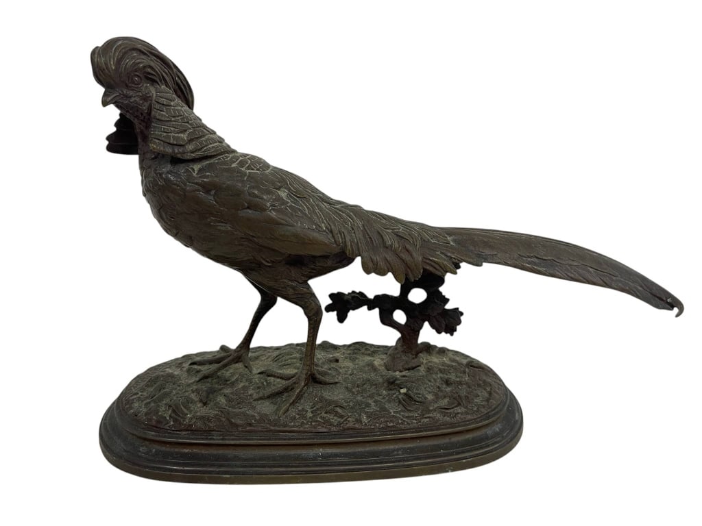 SIGNED TRODOUX BRONZE PHEASANT SCULPTURE 11": Signed Henri Trodoux bronze pheasant sculpture, featuring a finely detailed long-tailed bird standing on a naturalistic oval base with textured ground, foliage, and branch detail. The sculpture is sig