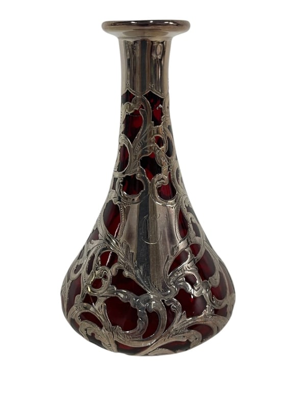 RUBY RED GLASS VASE WITH STERLING SILVER OVERLAY 5 (1 of 8)