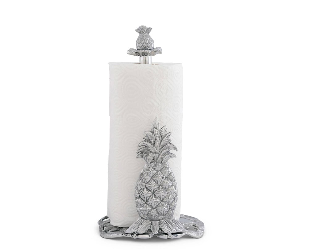 PINEAPPLE MOTIF METAL PAPER TOWEL HOLDER: Decorative metal paper towel holder featuring a detailed pineapple motif. Includes sculpted pineapple accent on base and finial. Perfect for kitchen or dining decor. Shipping Available at www.DeJaVuAu