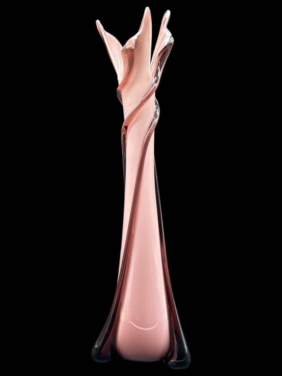 TALL PINK ART GLASS TWIST VASE 20": Striking tall art glass vase featuring a sculptural twisted form with soft blush pink interior glass and darker cranberry-toned applied spiral accents. The vase has a dramatic flared, folded rim and e