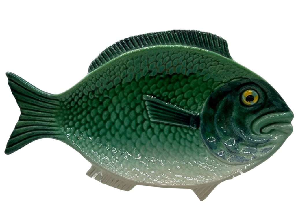 VINTAGE GREEN CERAMIC FISH SERVING PLATTER 14.5" (1 of 7)