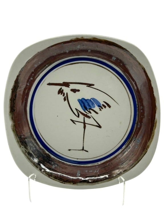 DANSK JAPAN MODERN ART CERAMIC PLATTER 12": Vintage Dansk International Designs Ltd. Japan ceramic serving platter featuring a modern square form with rounded corners, glossy glaze, wide brown border, cobalt blue ring accent, and abstract hand-