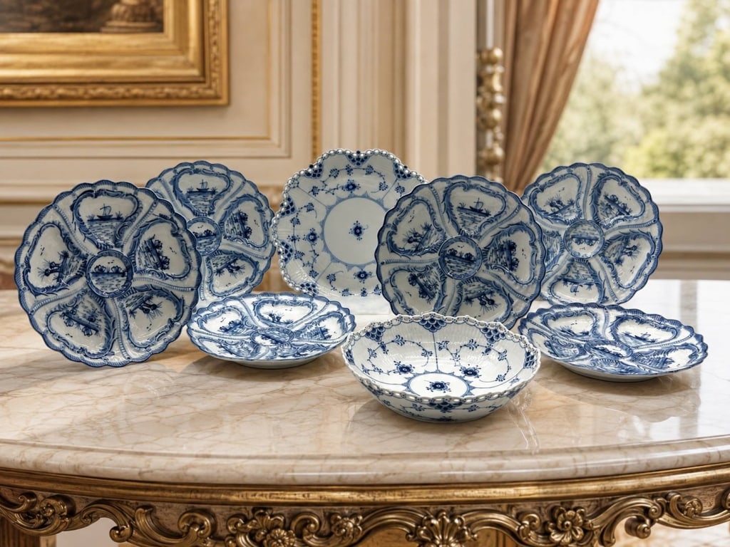 ROYAL COPENHAGEN & WEIMAR GERMANY PORCELAIN SET 8": Beautiful mixed group of blue and white porcelain serving pieces featuring Royal Copenhagen Denmark pieces and additional coordinating European blue fluted-style porcelain. The lot includes multiple o