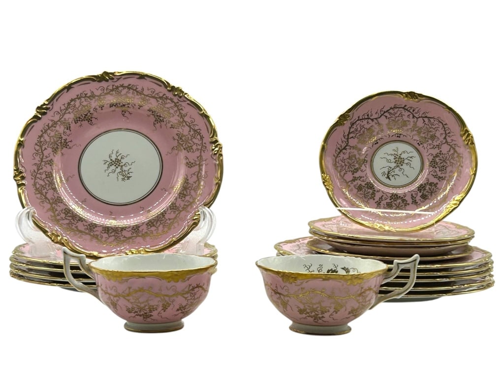 17 PCS ROYAL CAULDON KING'S PLATE PINK TEA SET: 17 piece Elegant Royal Cauldon “King’s Plate” bone china tea set, made in England, featuring a soft pink ground with ornate raised gilt rims, grapevine and floral gilt decoration, white cent