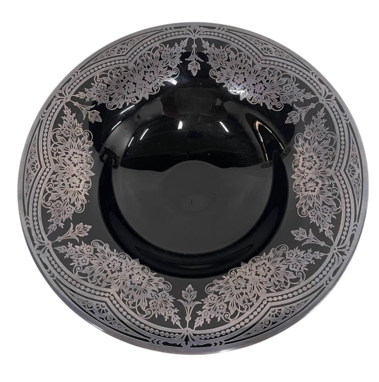 ROCKWELL BLACK FOOTED CENTERPIECE BOWL 14": Rockwell black glass compote featuring intricate floral patterns. Measures approx. 14 inches in diameter and 4.5 inches high. Elegant decorative piece for display or collecting. | | By bidding on