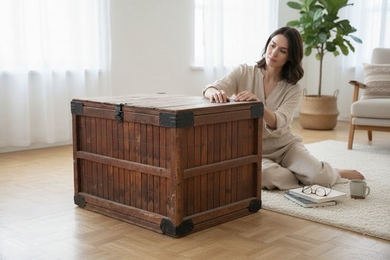 VTG RUSTIC SLAT WOOD STORAGE SHIPPING TRUNK 27" (1 of 14)